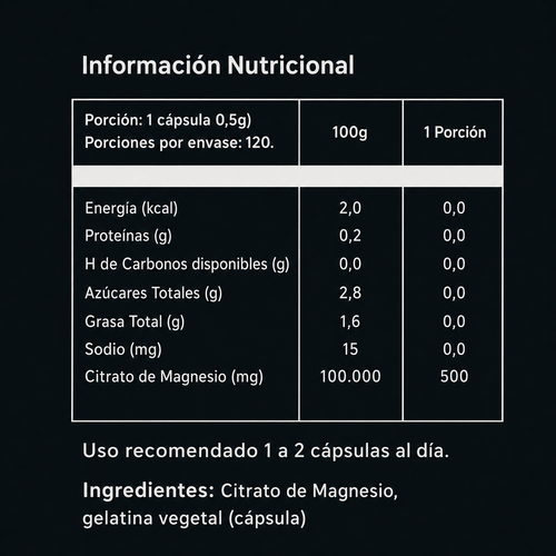 Citrato de Magnesio 500 mg 120 cápsulas