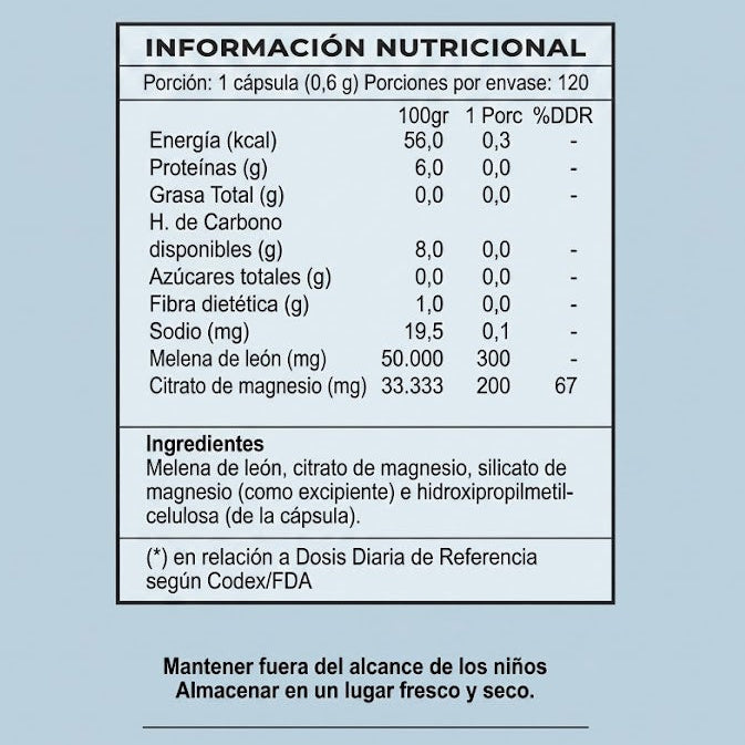 Melena de León 300 mg + Magnesio 200 mg 120 cápsulas