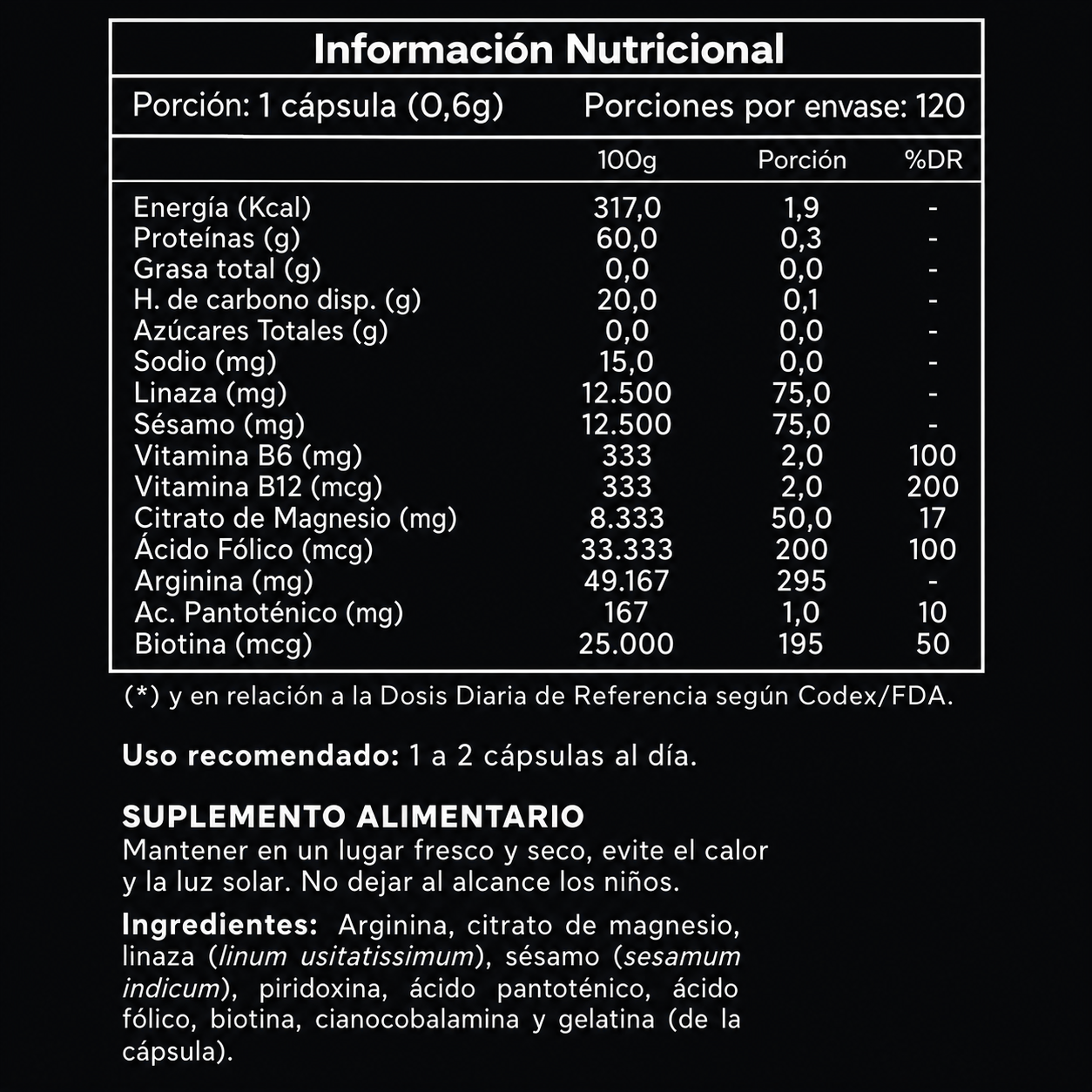 Fitomaxim New Arginina + Magnesio + Vitaminas B 120 cápsulas